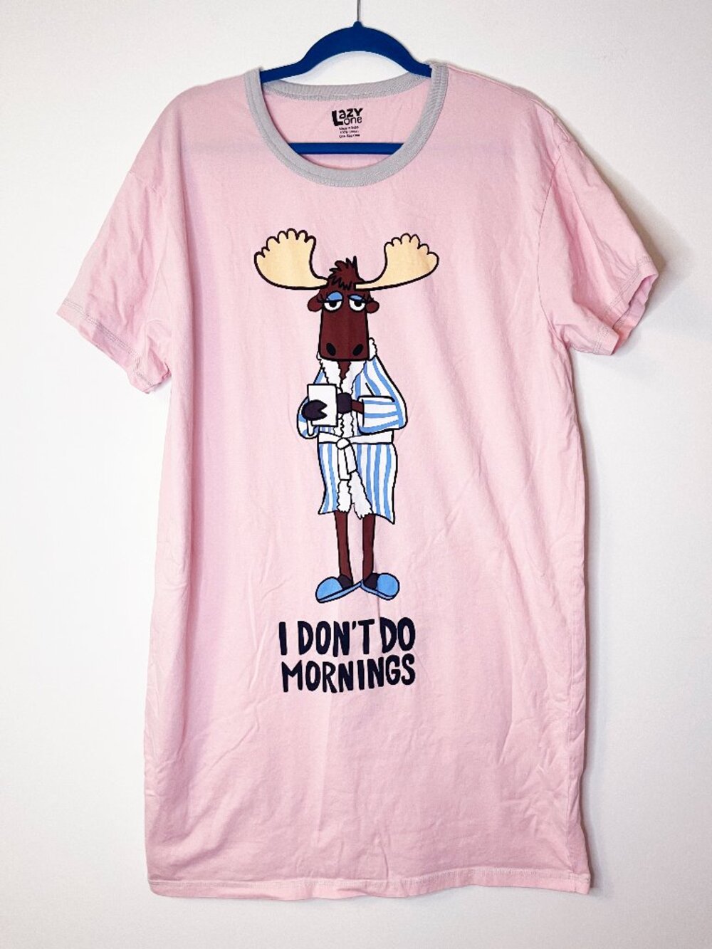Lazy One I Don't Do Mornings Pink Moose Sleep Shirt Nightgown One Size Funny